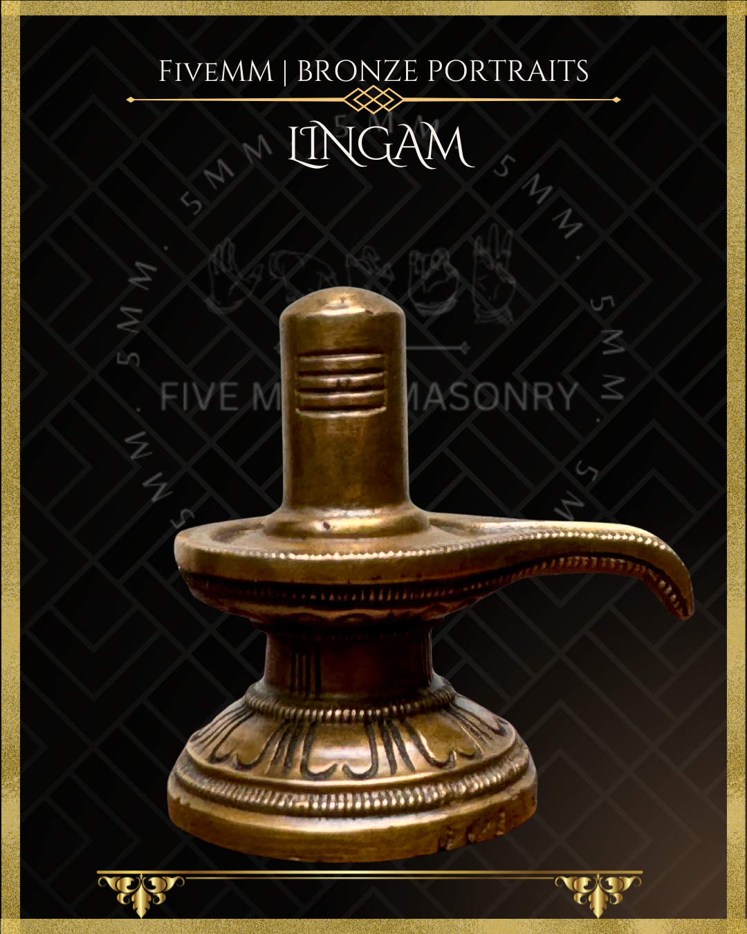 Panchaloha Bronze Lingam sculpture with 'Five Metal Masonry' branding on a black background