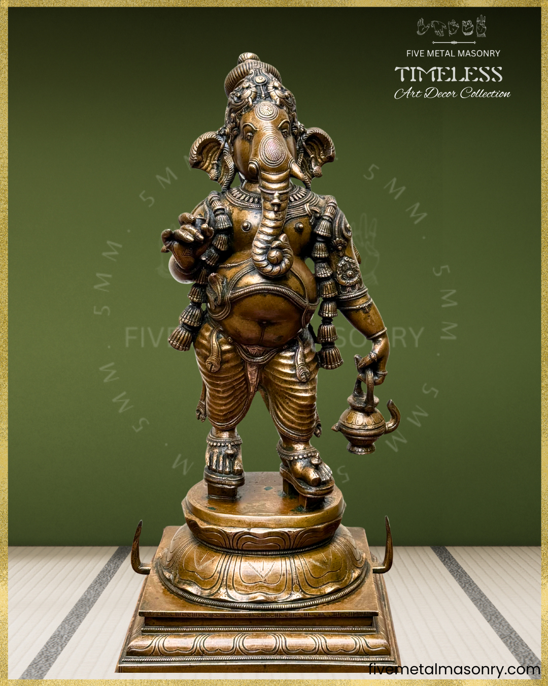 View of Panchaloha bronze Ganesha without the ceremonial umbrella and kamandalu, standing in graceful yanaka posture, adorned with layered ornaments, karanda makuta and detailed South Indian sculptural craftsmanship from the Timeless collection.