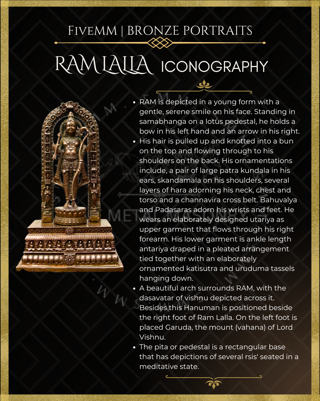 Infographic showcasing the iconography of a handcrafted Panchaloha bronze icon of Ram Lalla, featuring the full bronze image alongside key iconographic details including the bow and arrow, youthful standing form, ornate jewellery, Dasavatara prabhavali, Hanuman and Garuda motifs, lotus pedestal, and intricately carved adhisthana in the classical South Indian sculptural tradition.
