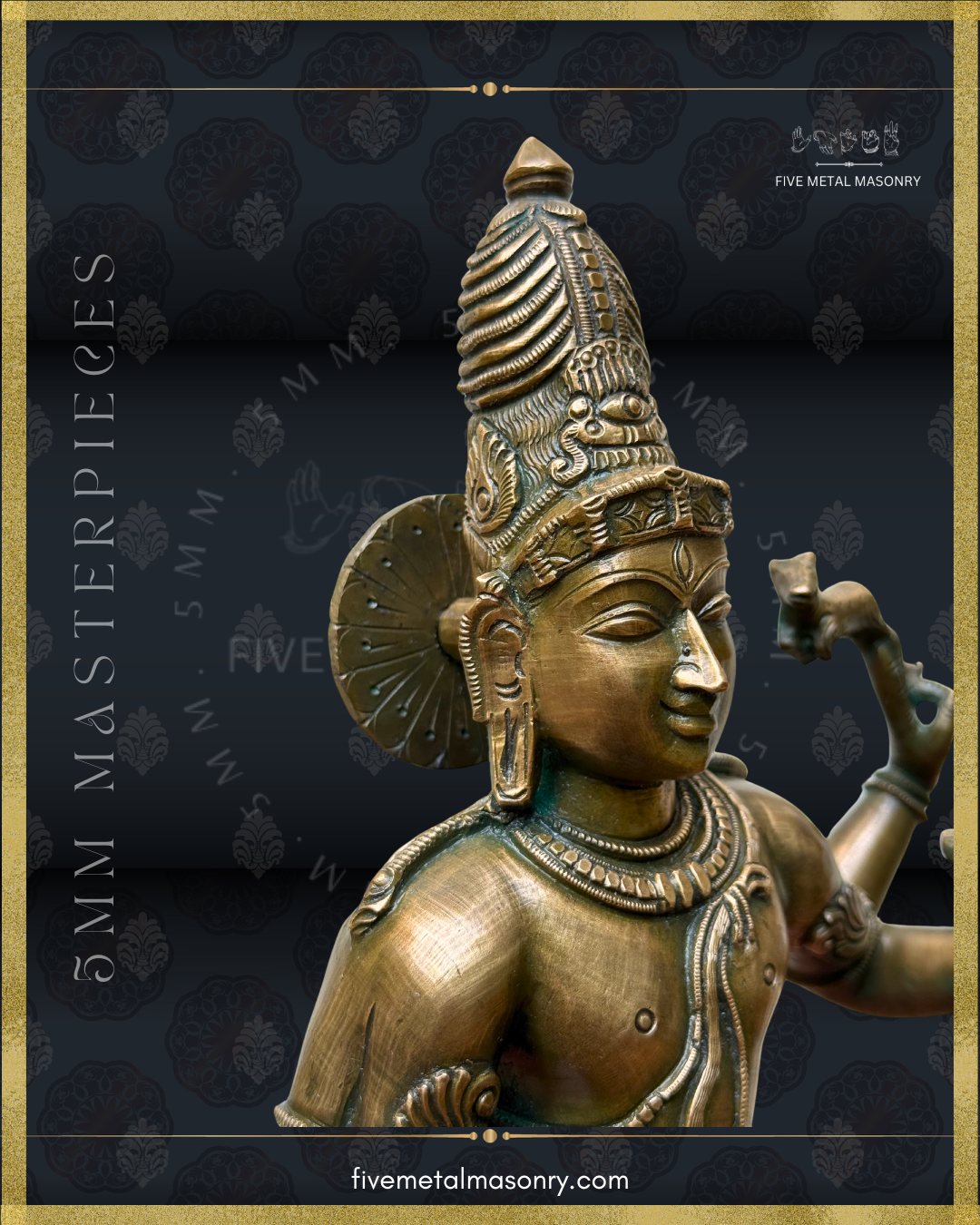 Close-up of Vinadhara Shiva handcrafted Panchaloha bronze sculpture featuring a serene profile, tall jata makuta with trinetra motif, circular sirascakra, elongated patra kundalas, layered necklaces, and mrga held in the upper hand, from the Masterpieces collection inspired by South Indian Chola iconographic traditions.
