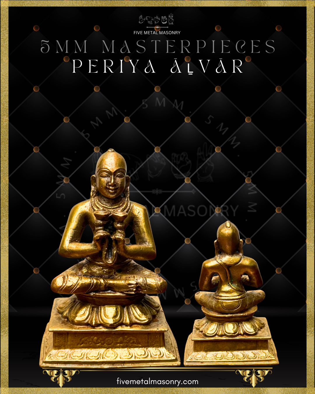 Front and rear view of Periya Alvar panchaloha bronze icon from the 12 Alvars Masterpieces collection, showing devotional posture, ornamentation, and pedestal detailing.