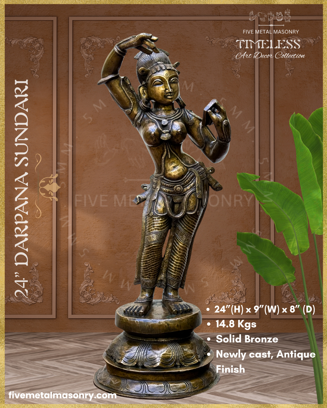 Product dimensions of Handcrafted Panchaloha bronze icon of Darpana Sundari from the Timeless Collection, depicted in graceful tribhanga holding a mirror, adorned with elaborate jewellery, ornate lower garment, and antique patina on a lotus pedestal.