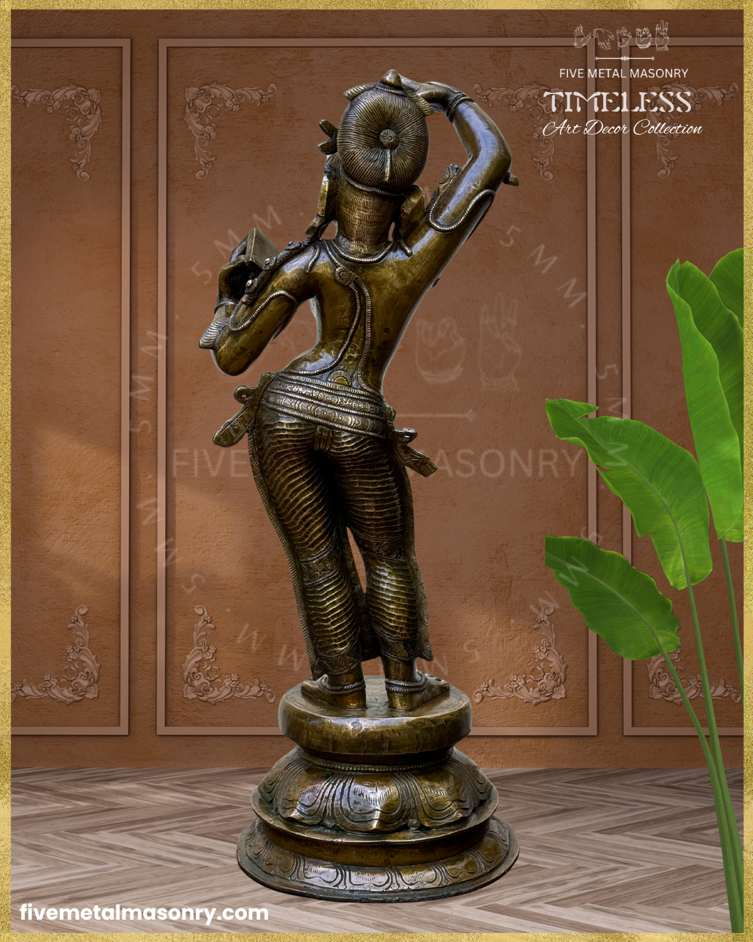 Rear view of a handcrafted Panchaloha bronze Darpana Sundari icon from the Timeless Collection, showcasing graceful tribhanga posture, elegantly draped lower garment, intricate waist ornaments, detailed coiffure, flowing back ornaments, and antique patina on a lotus pedestal.