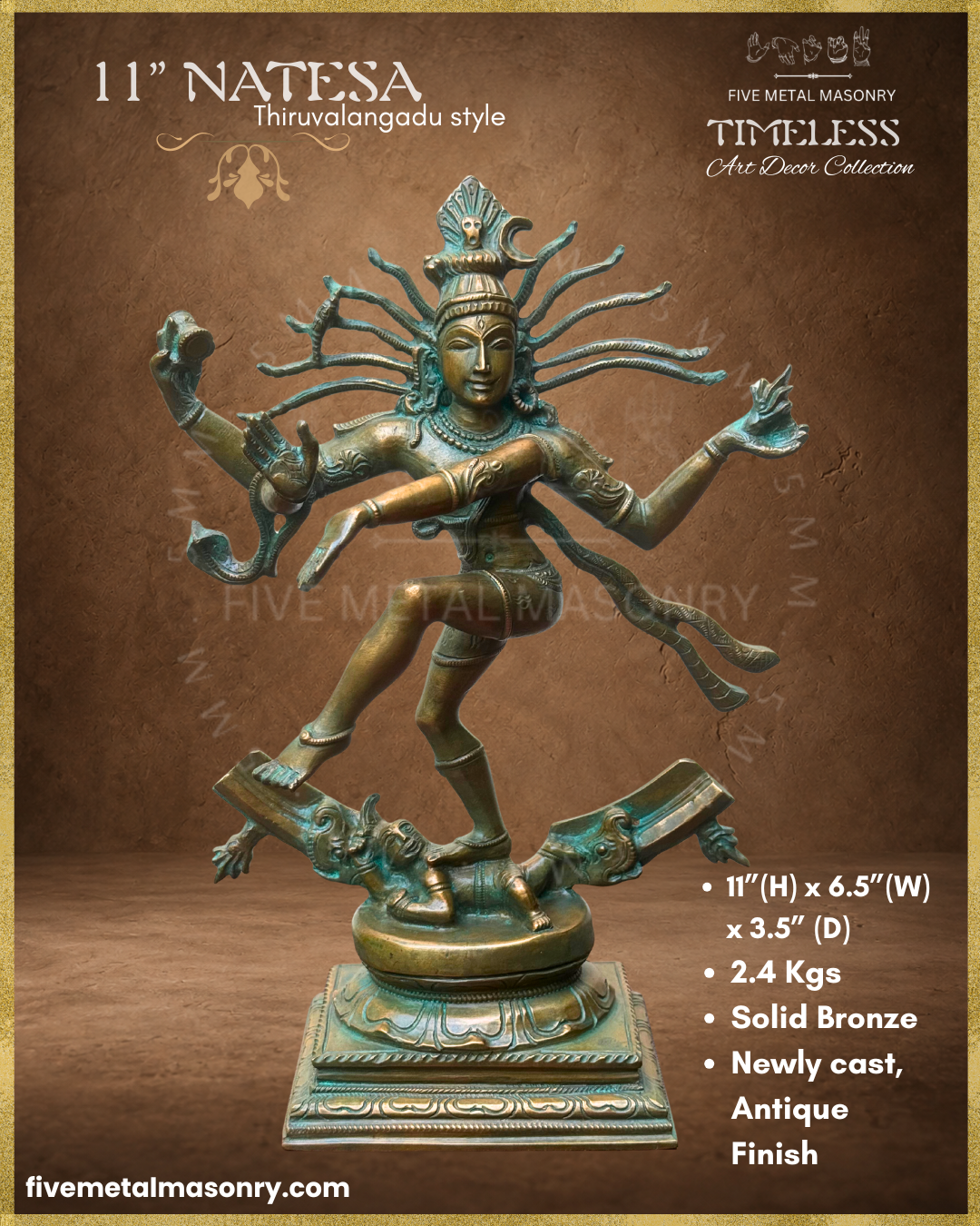 Dimensions of Thiruvalangadu style handcrafted Nataraja Panchaloha bronze from the Timeless collection.