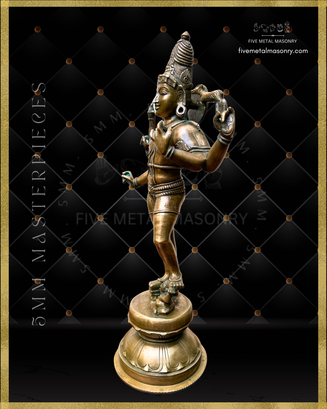 Left Profile view of Vinadhara Shiva handcrafted Panchaloha bronze sculpture with jata makuta, four-armed form holding parashu and mrga, lower hands posed to bear vina, standing with one foot upon Apasmara, from the Masterpieces collection inspired by South Indian Chola iconographic traditions.