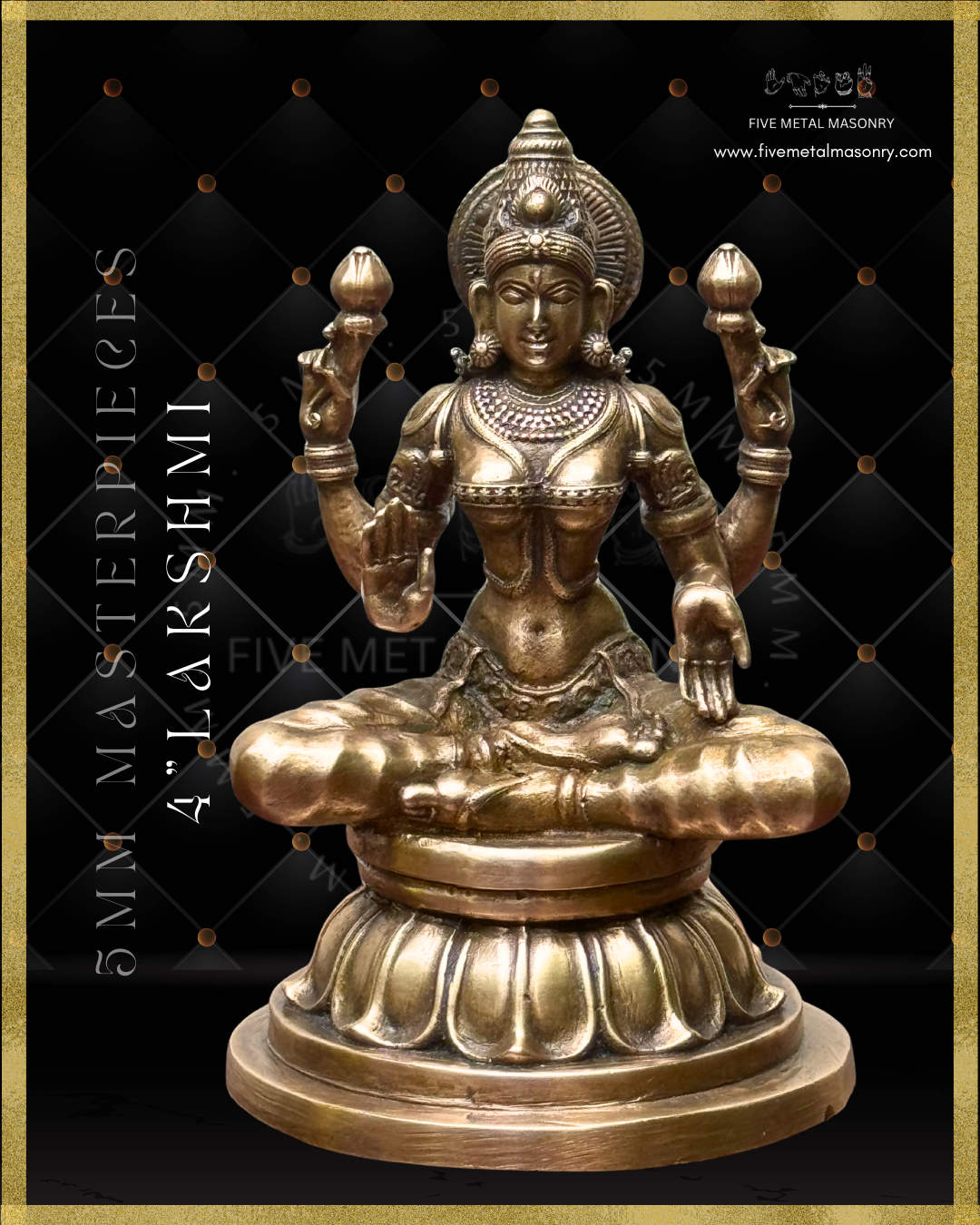 Panchaloha bronze seated Lakshmi icon from the Masterpieces collection in padmasana posture, holding lotus buds in the upper hands with lower hands in abhaya and varada hastas, featuring kirita makuta, siraschakra, layered ornamentation and lotus pedestal in South Indian bronze style.