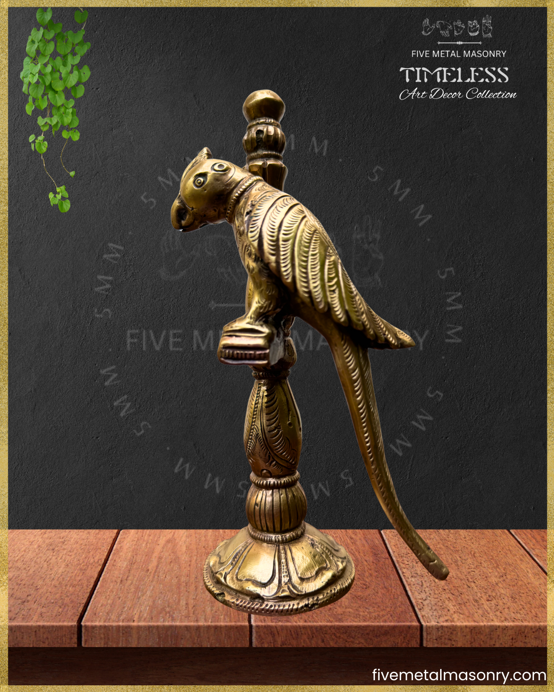 Bronze parrot perched on a pillar sculpture with a dark background