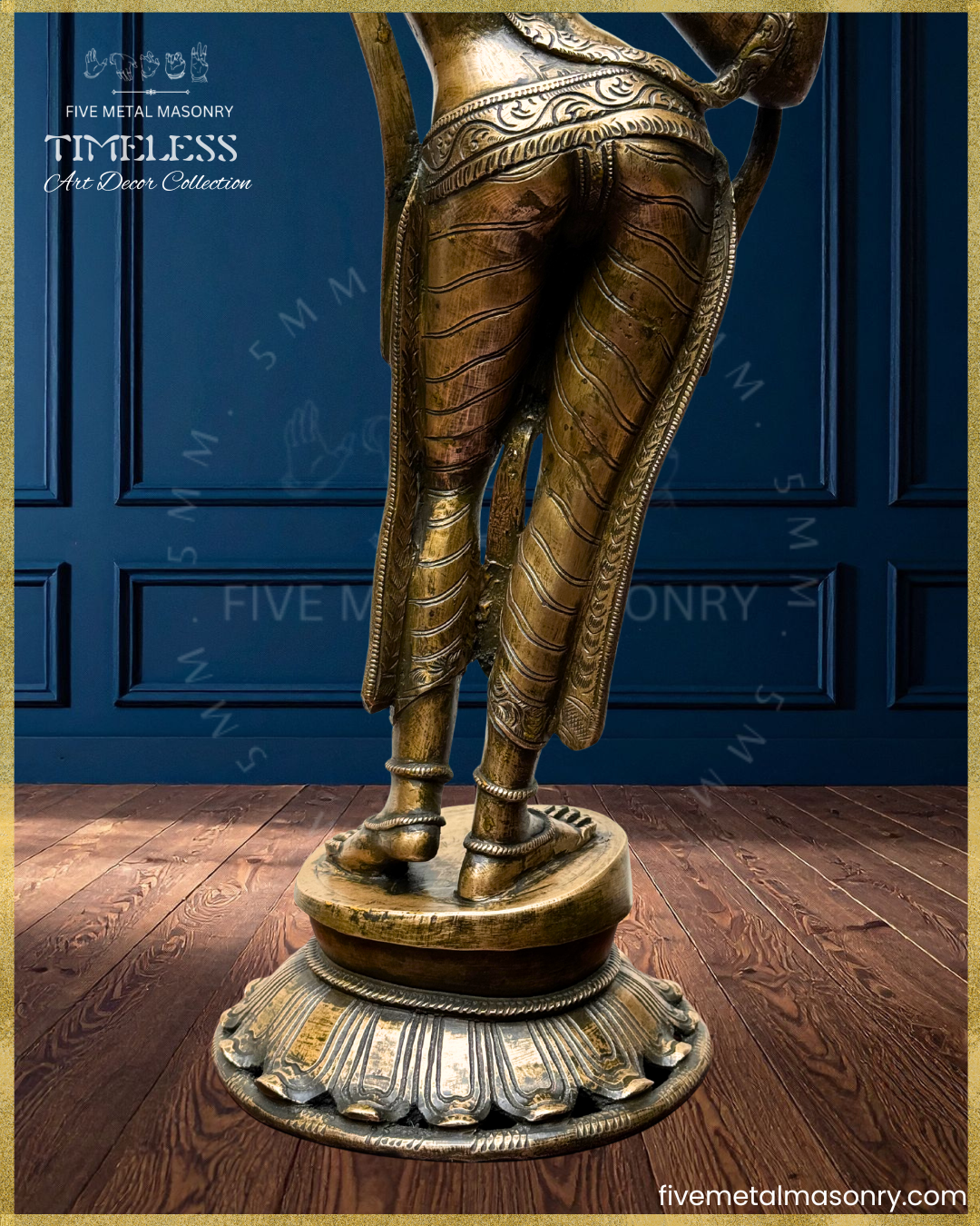 Lower body rear closeup view of panchaloha bronze Apsara icon from the Timeless collection in a graceful tribhanga stance, with detailed jewellery, patterned drapery, lotus pedestal and refined sculptural detailing rooted in South Indian iconographic tradition.
