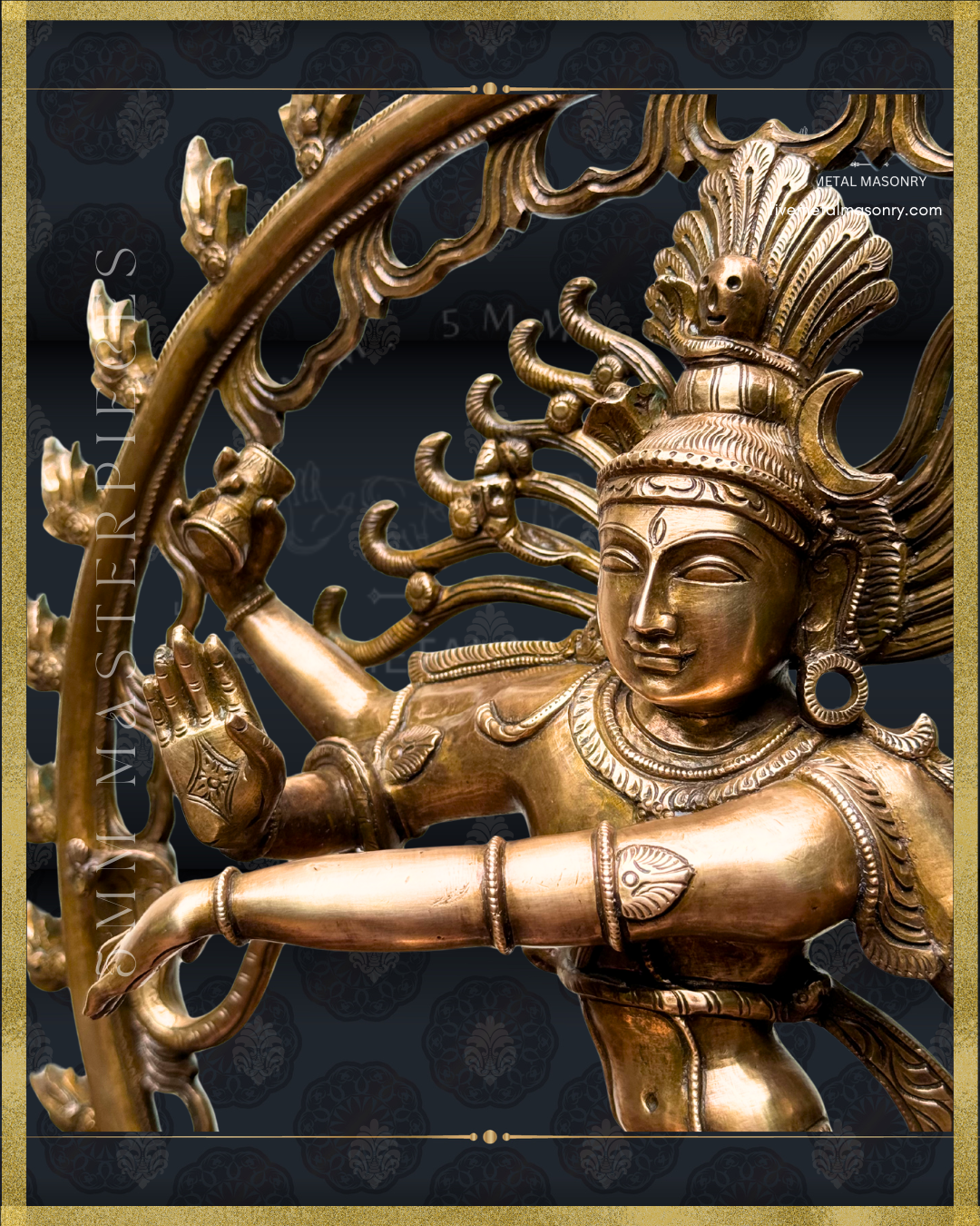 Close-up of a Panchaloha bronze Nataraja icon from the 5MM Masterpieces collection, featuring abhaya hasta, damaru, serene facial expression, jata makuta with skull motif, flowing locks, and detailed ornamentation in the South Indian iconographic tradition.