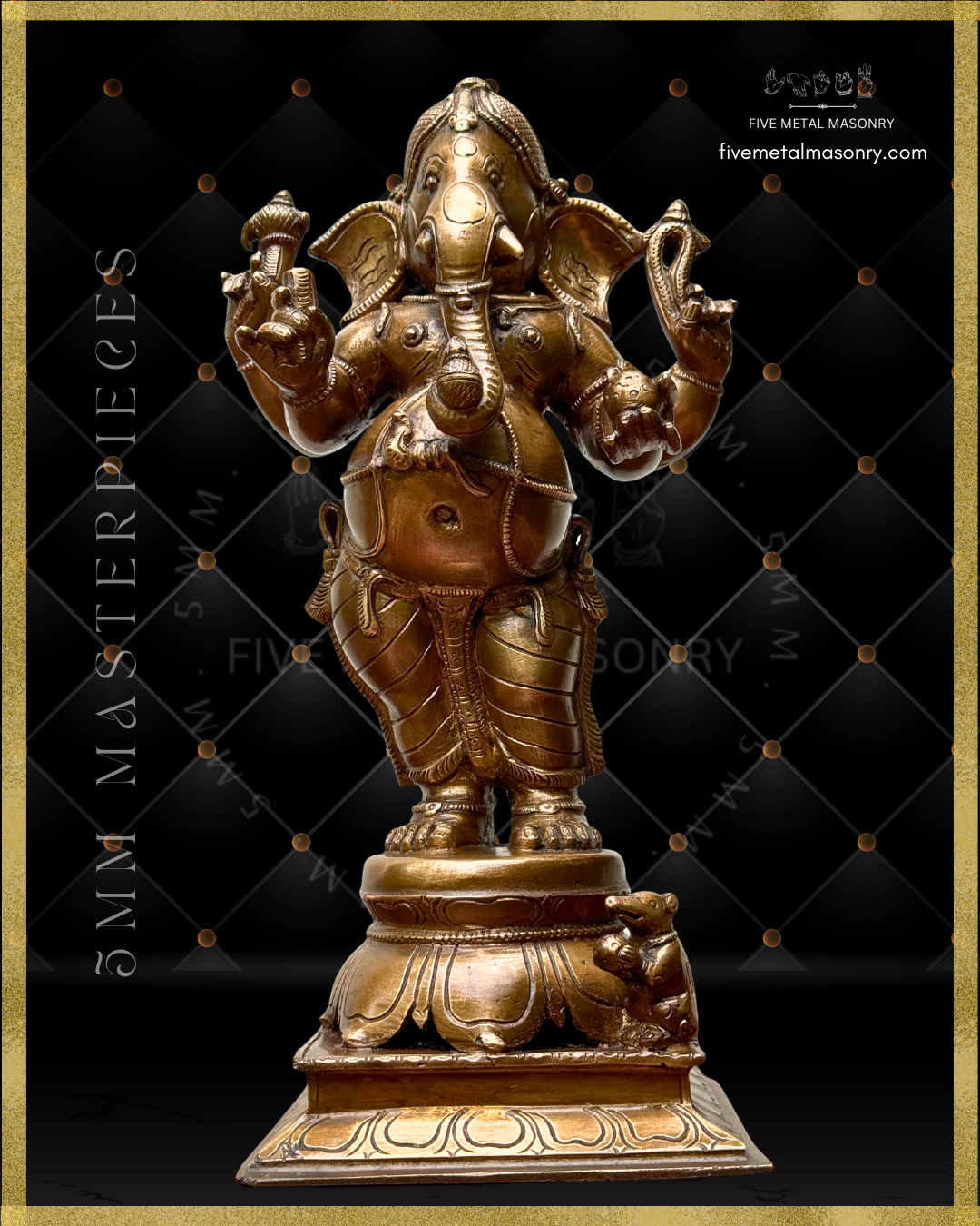 Low angle view of Handcrafted Panchaloha bronze standing Ganesha from the Masterpieces collection, depicted with four arms holding traditional attributes, long central trunk, detailed ornaments and drapery, standing on a lotus pedestal with musika at his feet.