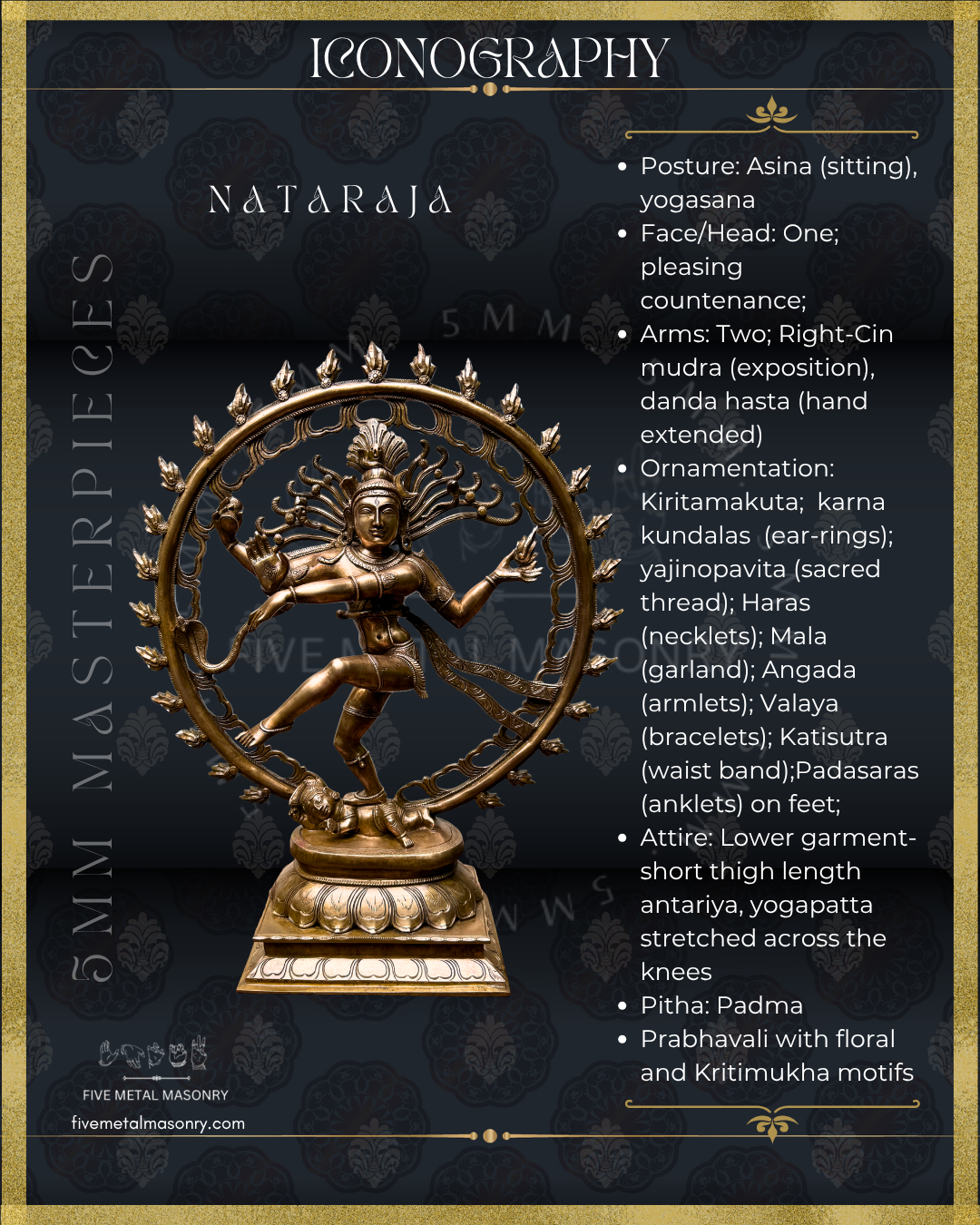 Iconographic description of Nataraja Panchaloha bronze icon from the 5MM Masterpieces collection, shown in ananda-tandava in South Indian iconographic tradition