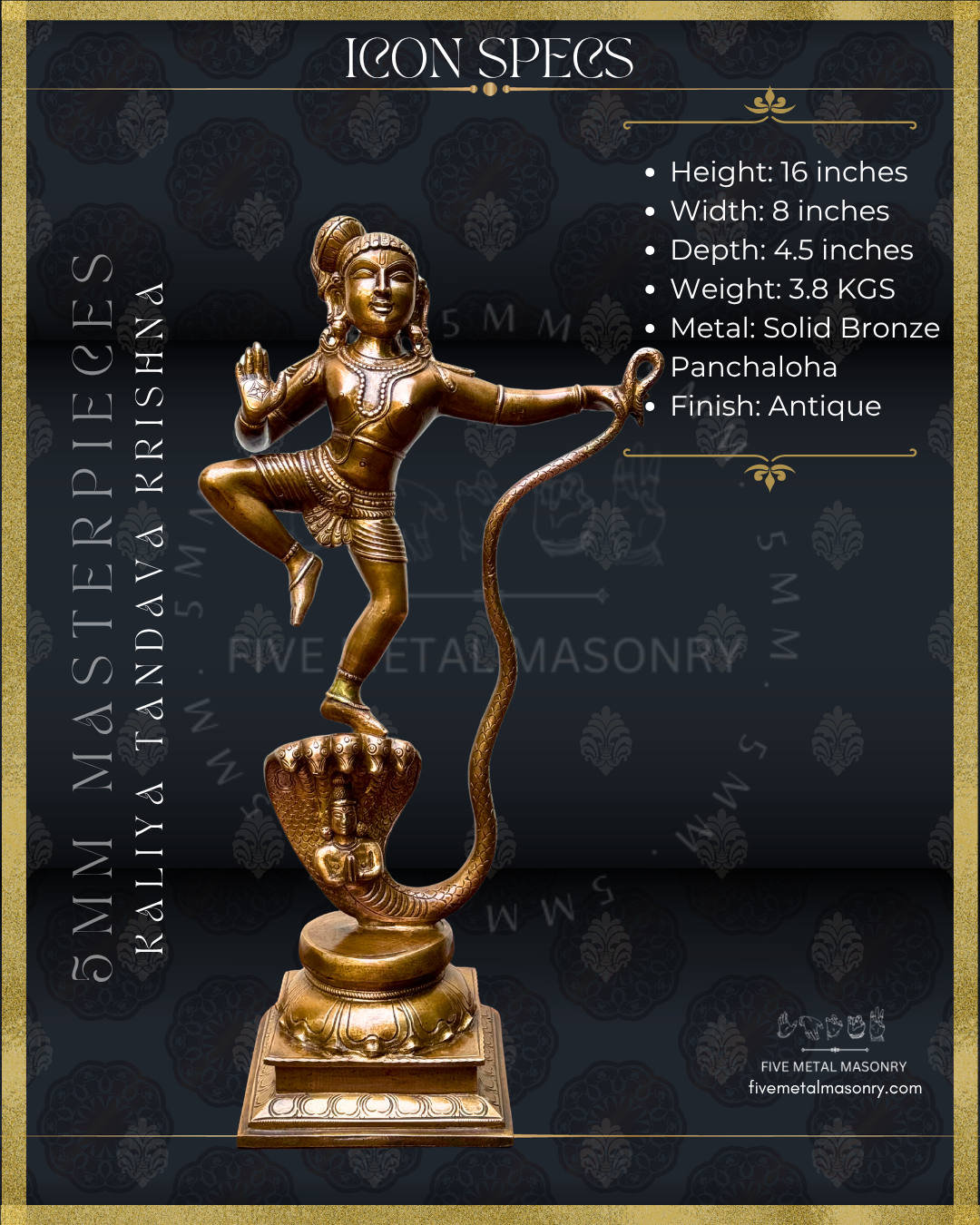 Product dimensions of Handcrafted Panchaloha bronze of Kaliya Tandava Krishna from our Masterpieces Collection, depicting Krishna dancing on the multi-hooded serpent Kaliya and holding his curving tail, aligned with Silpa Sastra principles and South Indian iconographic tradition.