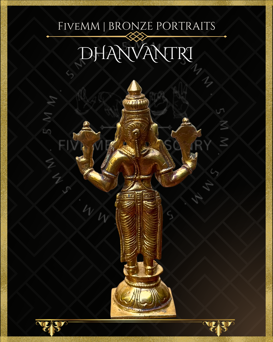 Rear view of handcrafted Dhanvantari Panchaloha bronze statue showing the kiritamakuta, siraschakra, chakra and sankha, yajñopavita, traditional ornaments and ankle-length antariya, crafted in the silpa-sastra and traditional iconographic tradition.