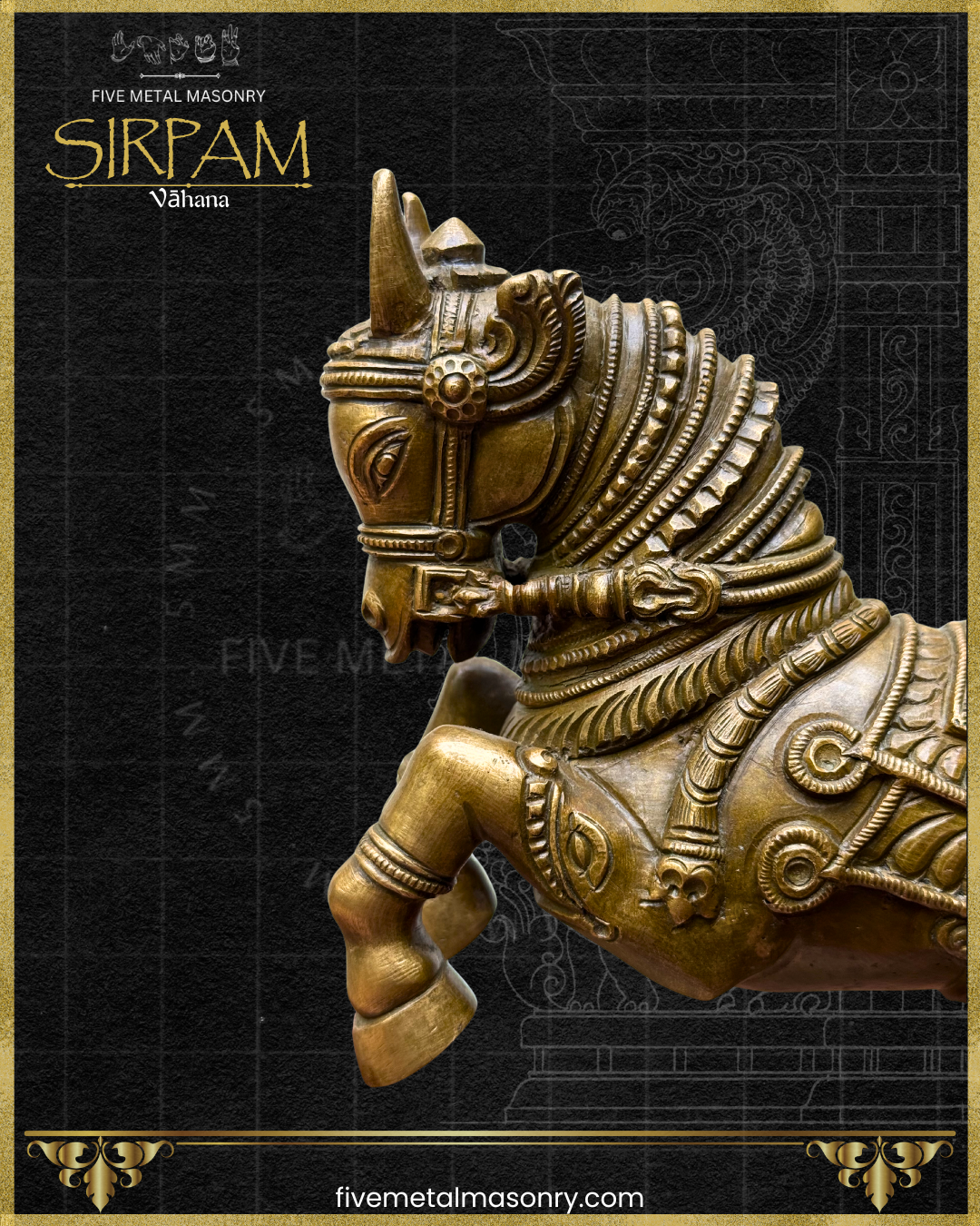 Decorative bronze sculpture of a horse with intricate designs on a black background.