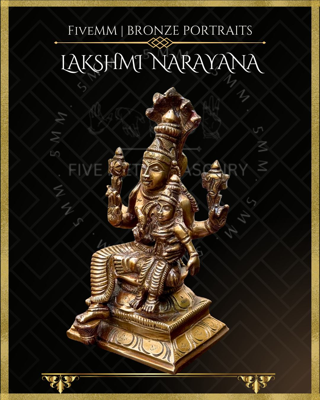 Left profile view of Handcrafted Lakshmi Narayana Panchaloha bronze with Narayana seated in lalitasana beneath five-hooded Adi Sesha, holding cakra and sankha, with Lakshmi seated on his lap holding a padma, crafted in the South Indian silpa-sastra and traditional iconographic tradition.