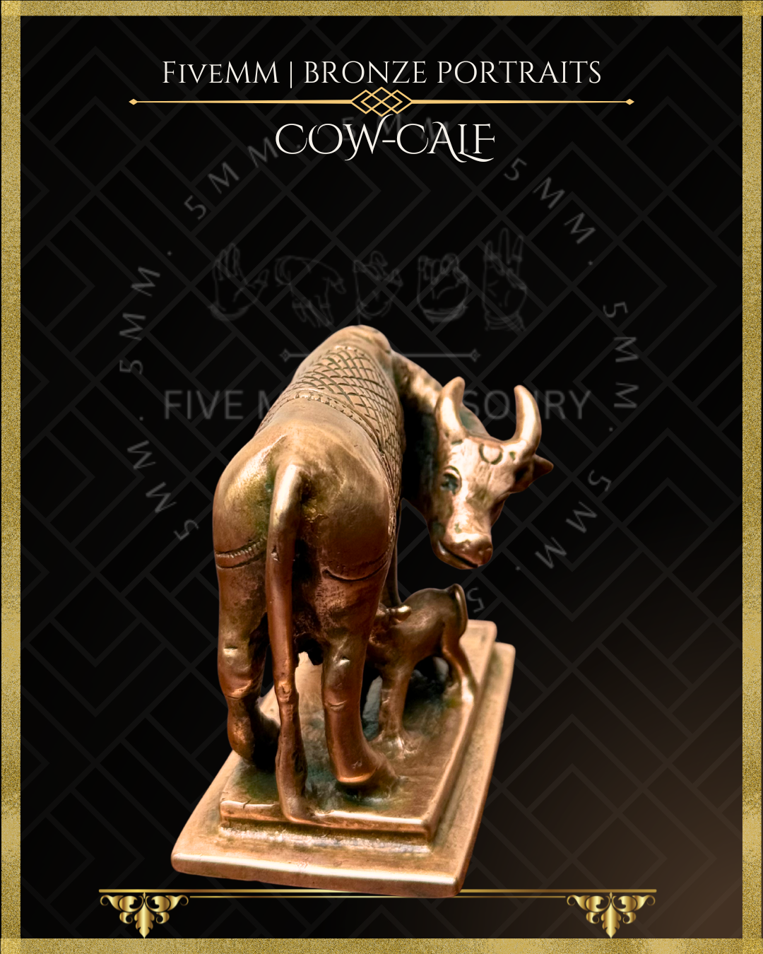 Bronze sculpture of a cow and calf on a decorative black and gold background with 'Fivemm' branding.