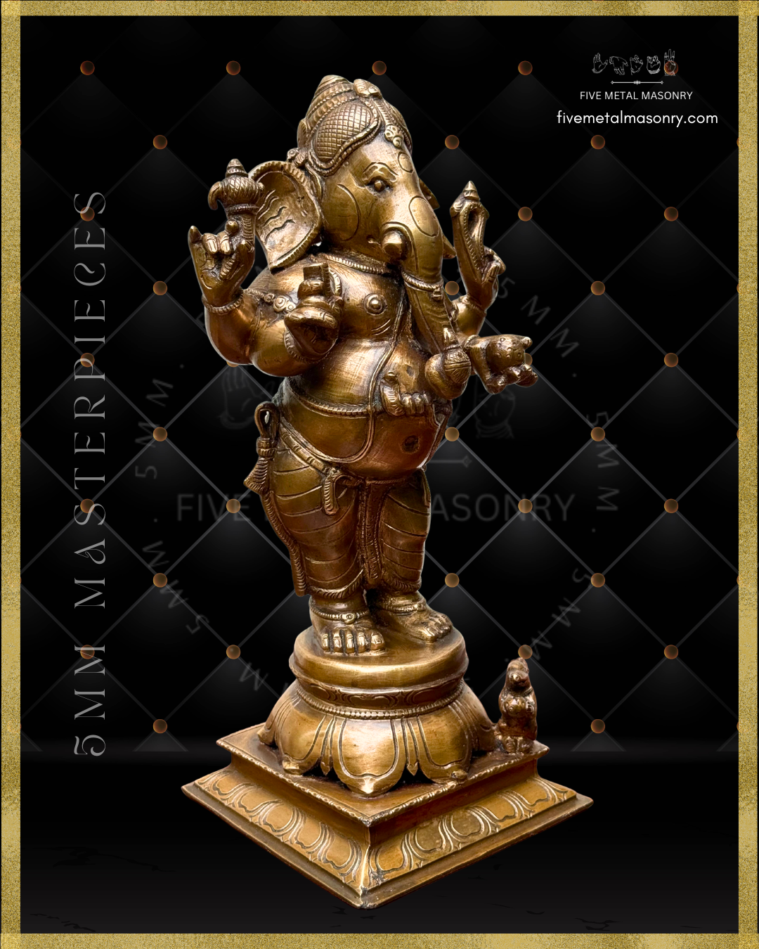 Left profile view of Handcrafted Panchaloha bronze standing Ganesha from the Masterpieces collection, depicted with four arms holding traditional attributes, long central trunk, detailed ornaments and drapery, standing on a lotus pedestal with musika at his feet.