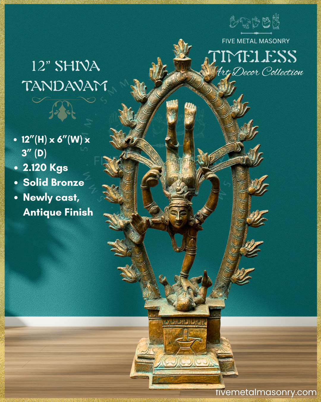 Shiva Tandavam Bronze Panchaloha statue – Timeless Collection - Iconography per Shilpa Sastra, Handcrafted lost wax casting – Dimensions view