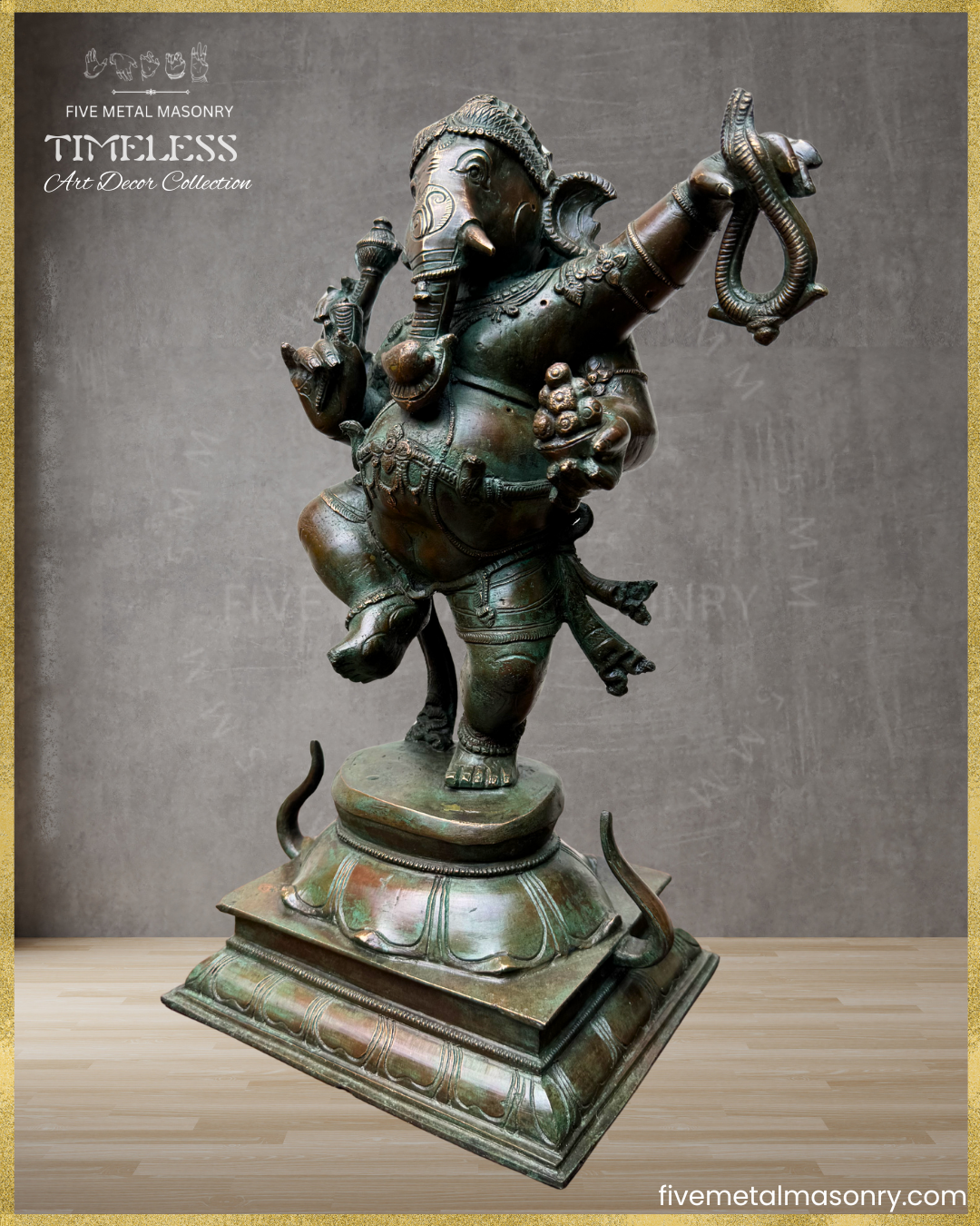 Left profile view of handcrafted Panchaloha bronze Nṛtta Dancing Ganesha statue from the TIMELESS Collection, depicted in a dynamic dancing posture with four arms, karanda makuta, lotus pedestal, and antique patina finish.