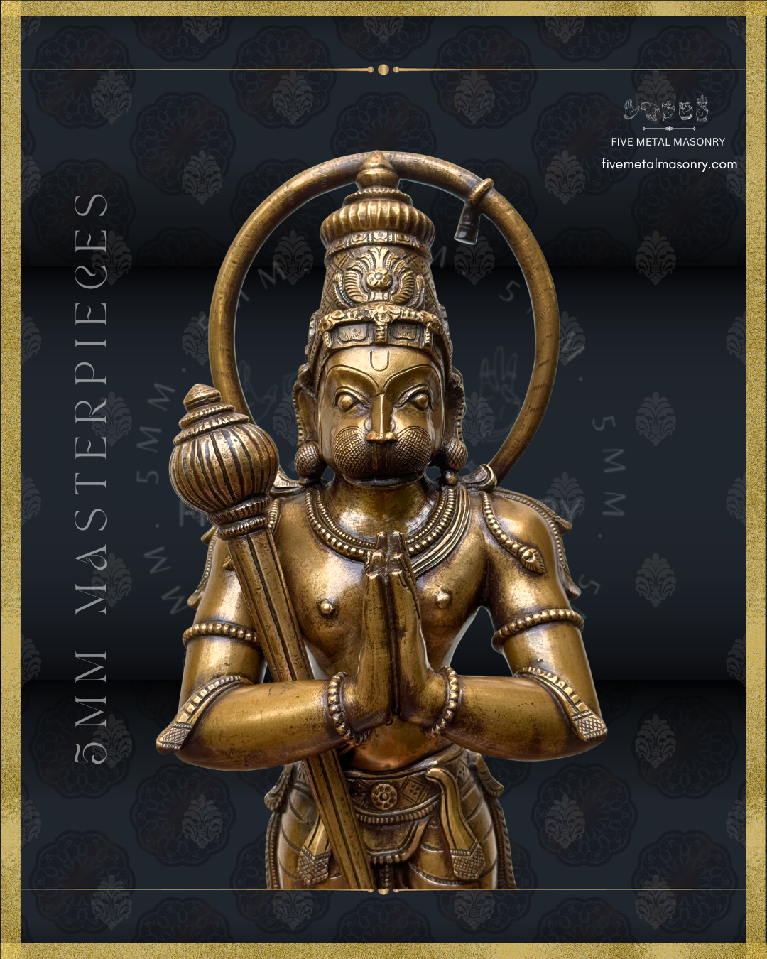 Bronze statue of Hanuman with intricate details on a dark background