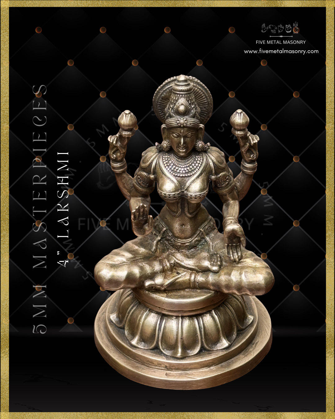 Top angle view of panchaloha bronze seated Lakshmi icon from the Masterpieces collection in padmasana posture, holding lotus buds in the upper hands with lower hands in abhaya and varada hastas, featuring kirita makuta, siraschakra, layered ornamentation and lotus pedestal in South Indian bronze style.