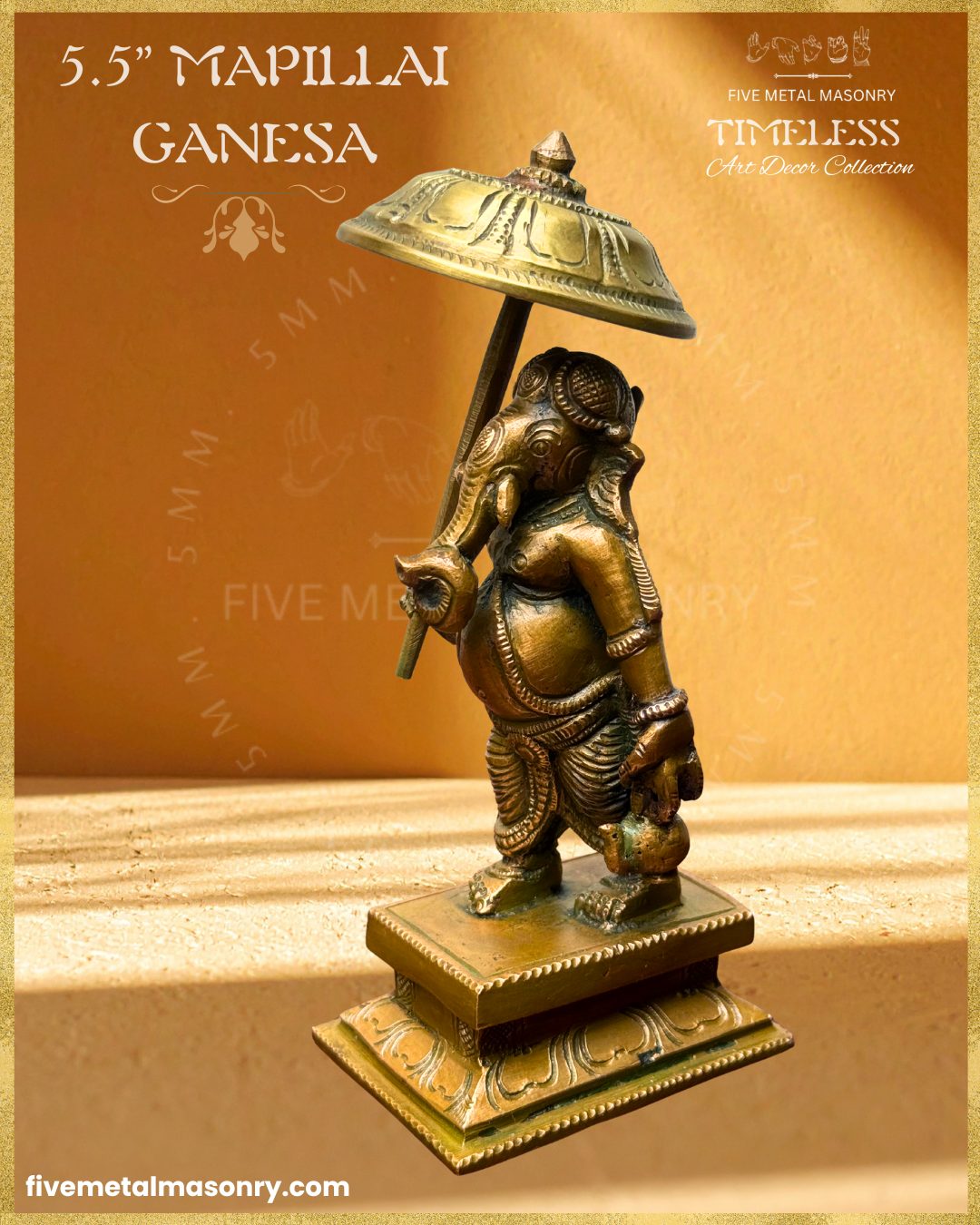 Handcrafted Panchaloha bronze Umbrella Ganesha (Mapillai Ganesha) in a walking posture, holding a ceremonial umbrella and water pot, from the Timeless collection, rooted in silpa-sastra tradition.