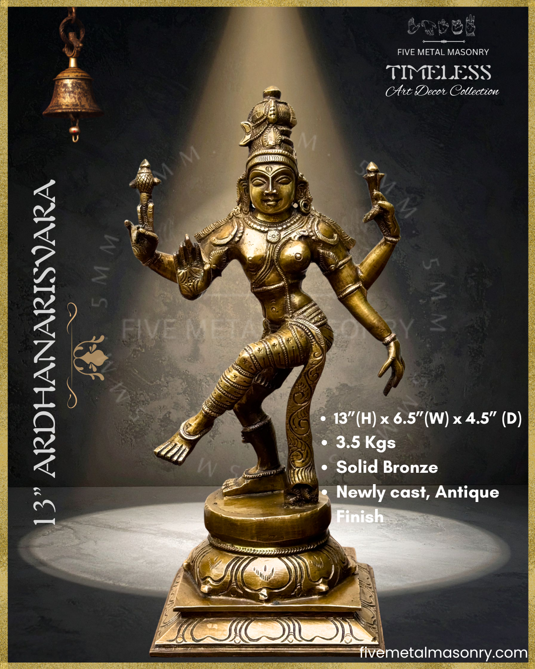 Ardhanarisvara Shiva Bronze Panchaloha statue - Timeless Collection – Shilpa Sastra iconography, handcrafted lost wax casting – Dimensions