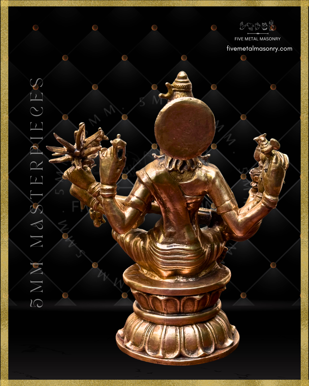 Rear view of Handcrafted Panchaloha Matangi bronze icon from the Five Metal Masonry Masterpieces Collection, seated with veena and depicted with multiple arms bearing her characteristic attributes, crafted according to traditional Shilpasastra iconography.