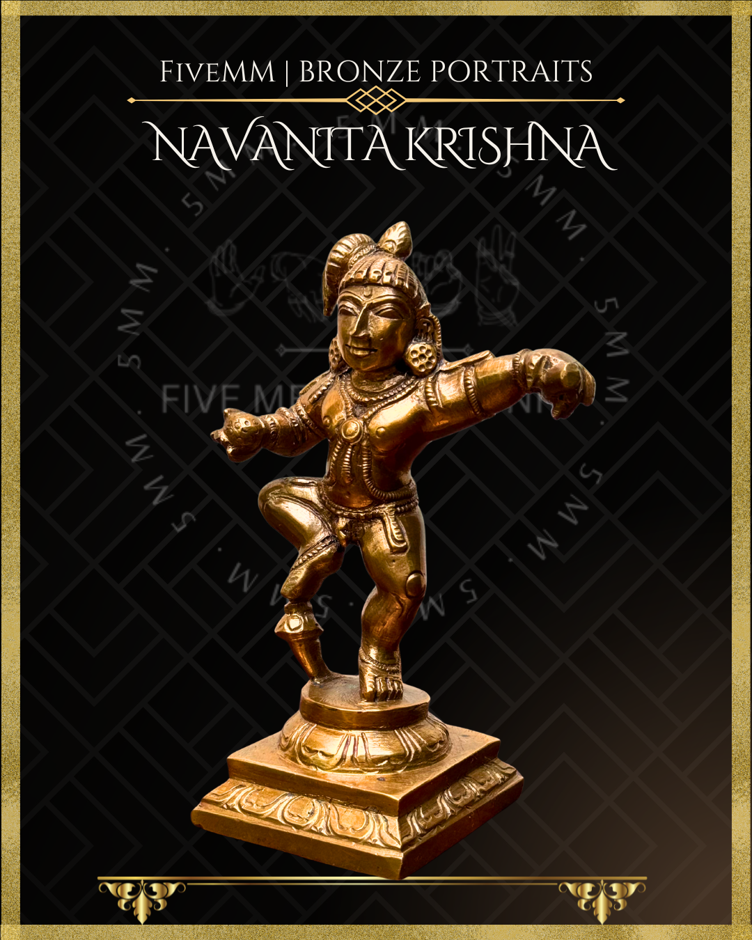 Left profile view of handcrafted Panchaloha Navanita Krishna bronze icon, depicting Bala Krishna dancing with butter in his hands, finely detailed according to traditional Silpasastra principles by Five Metal Masonry.