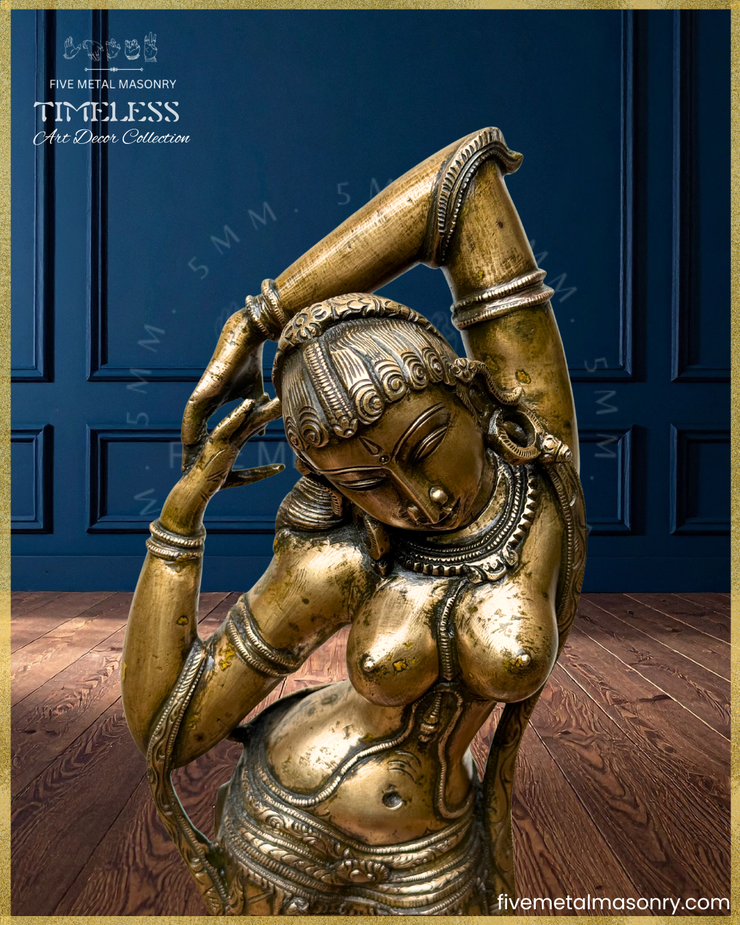 Close-up of a panchaloha bronze Apsara icon from the Timeless collection, featuring a graceful tribhanga-inspired posture, raised arms, stylized coiffure, circular ear ornaments, layered jewellery, ornate waist girdle, and refined sculptural detailing rooted in South Indian iconographic tradition.
