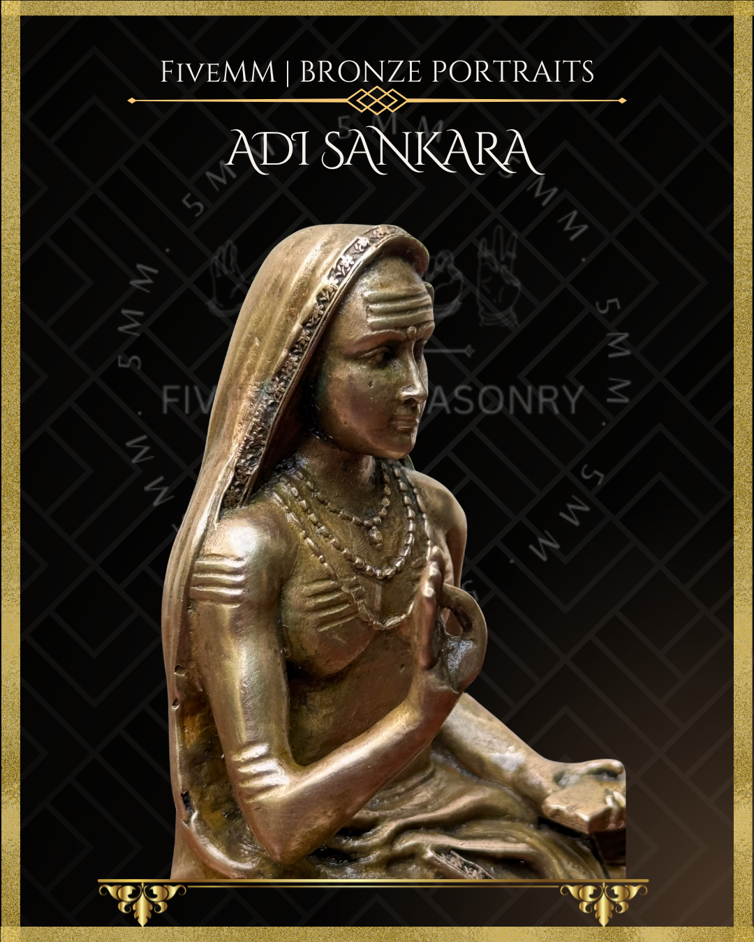 Left side closeup view of Handcrafted Panchaloha bronze icon of Adi Shankara featuring the Tripundra on the forehead, a draped head covering, layered necklaces, sacred thread, and simple ascetic attire 