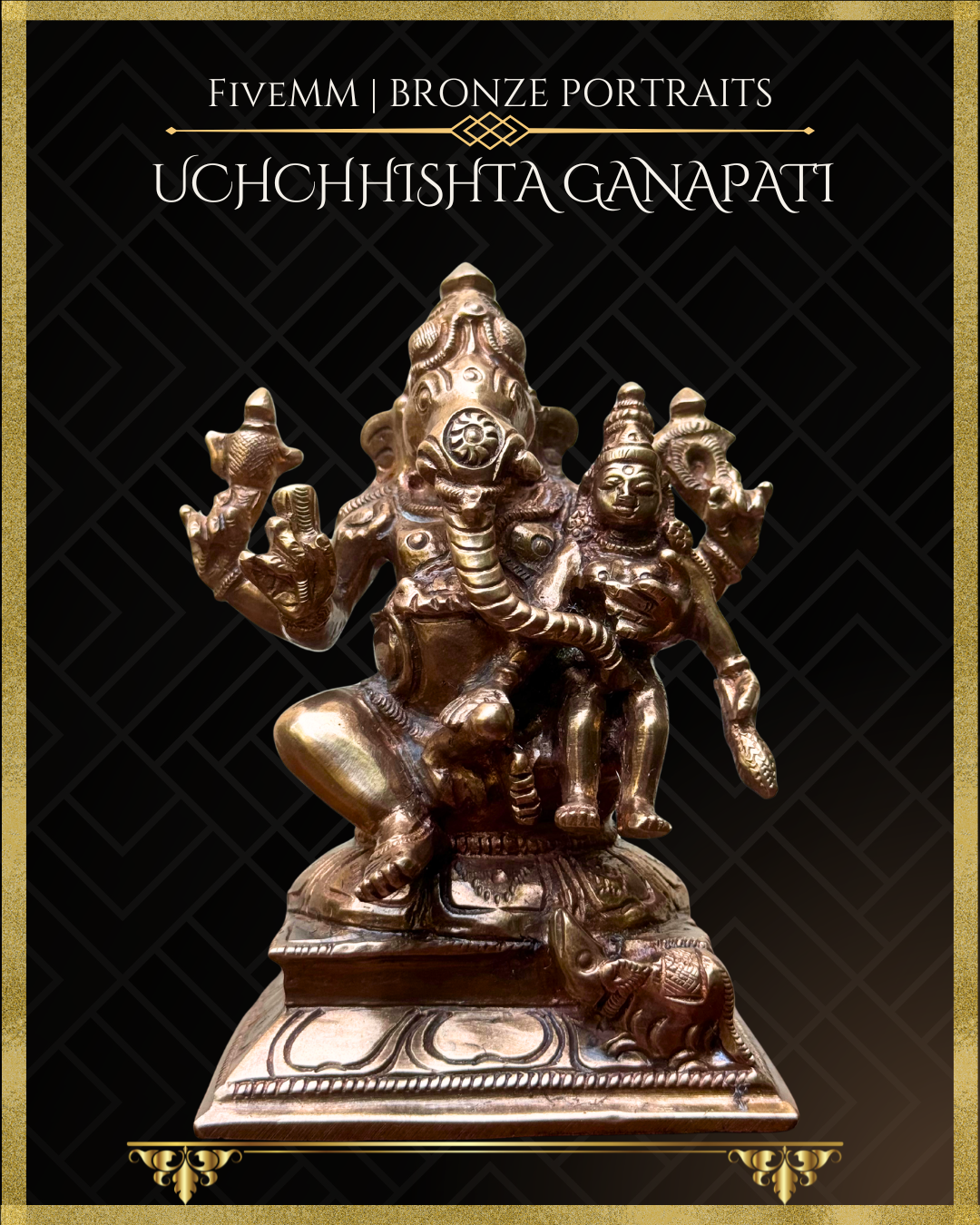 Low angle front view of Handcrafted Panchaloha bronze Uchchhishta Ganapati, silpa-sastra aligned and rooted in the South Indian iconographic tradition, depicted seated with Devi on his lap, multiple arms bearing attributes, detailed ornaments and musika vahana at the pedestal.