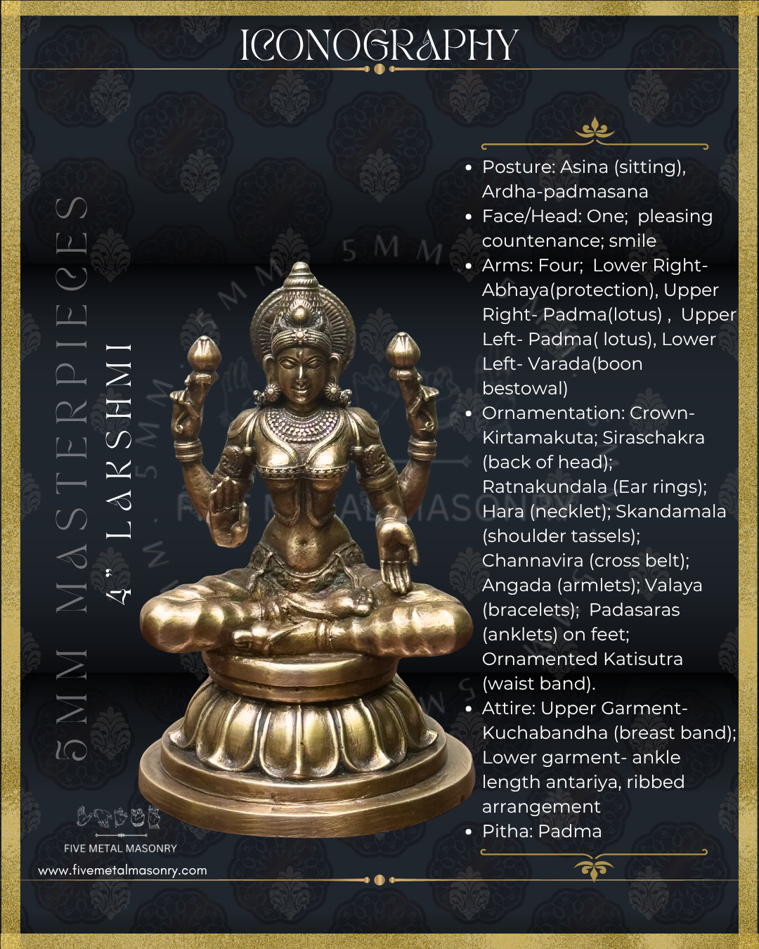 Iconographic description of panchaloha bronze seated Lakshmi icon from the Masterpieces collection in padmasana posture, holding lotus buds in the upper hands with lower hands in abhaya and varada hastas, featuring kirita makuta, siraschakra, layered ornamentation and lotus pedestal in South Indian bronze style.