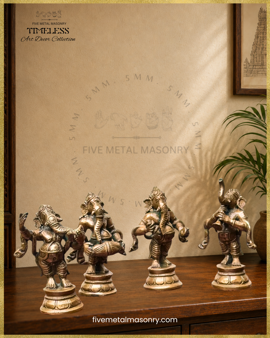 Handcrafted panchaloha bronze Musical Ganesha statues from the Timeless Collection, featuring four standing Lord Ganesha icons playing mridangam, nadaswaram, cymbals and one ganesha conducting the orchestra