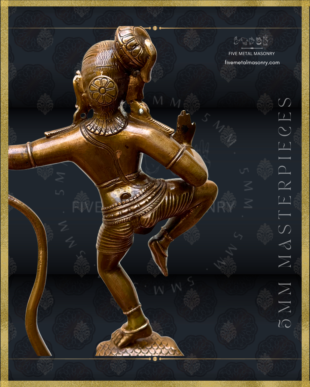 Rear-view close-up of handcrafted Panchaloha bronze Kaliya Tandava Krishna from our Masterpieces Collection, showing the dynamic dancing posture, detailed kesa-bandha, hair, ornaments, waist bands and pleated garment, aligned with Silpa Sastra principles and South Indian iconographic tradition.