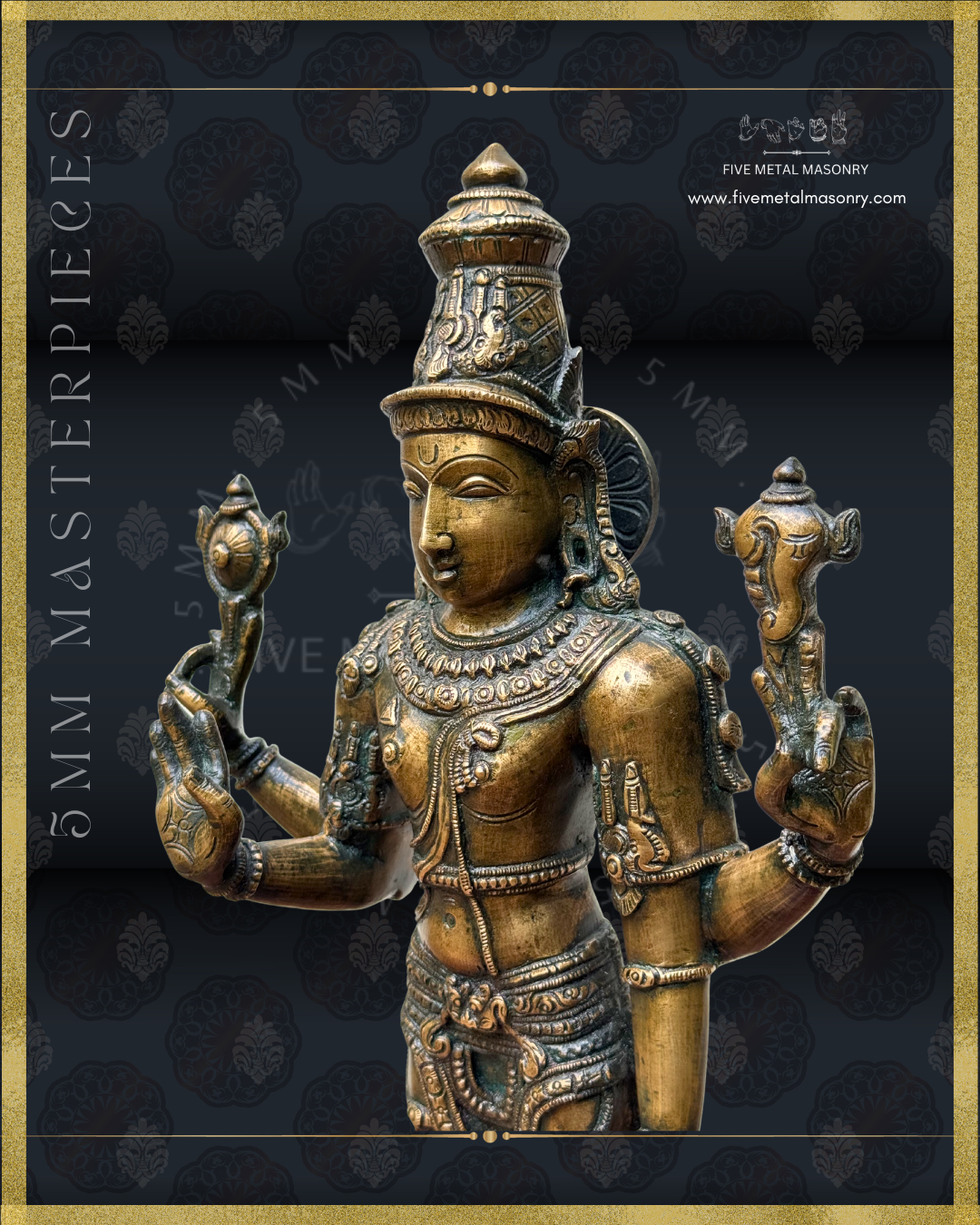 Left-side three-quarter close-up of handcrafted Vishnu Panchaloha bronze statue, highlighting the serene face, elaborate kirita-makuta, siraschakra, cakra and sankha, abhaya mudra, detailed ornaments and South Indian iconography crafted in the silpa-sastra tradition.
