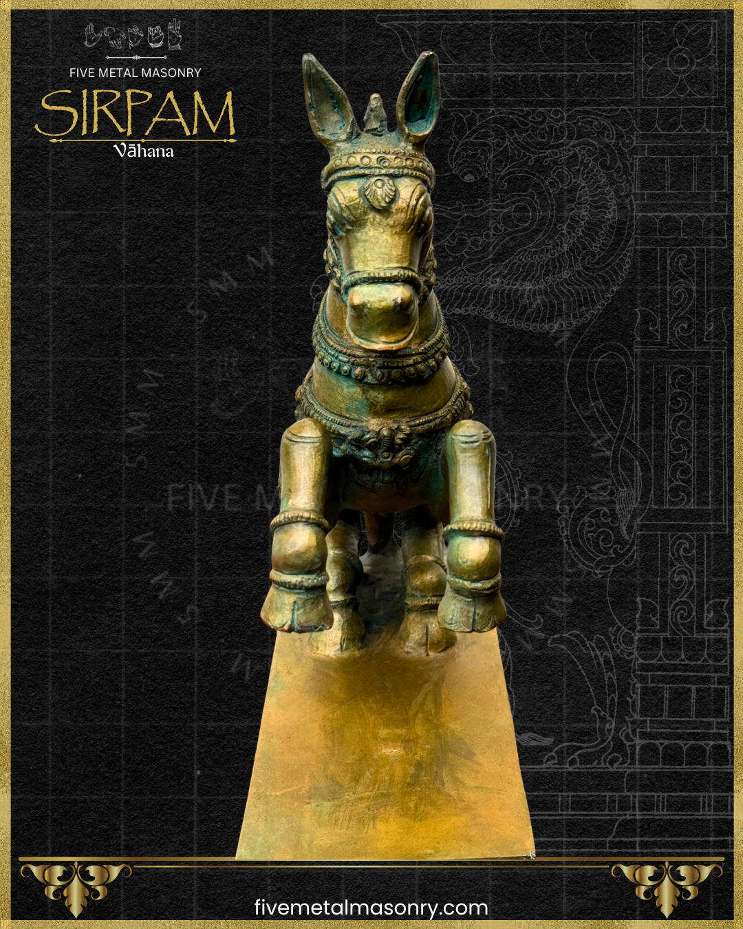 Bronze statue of a horse on a dark background with 'Five Metal Masonry' branding.