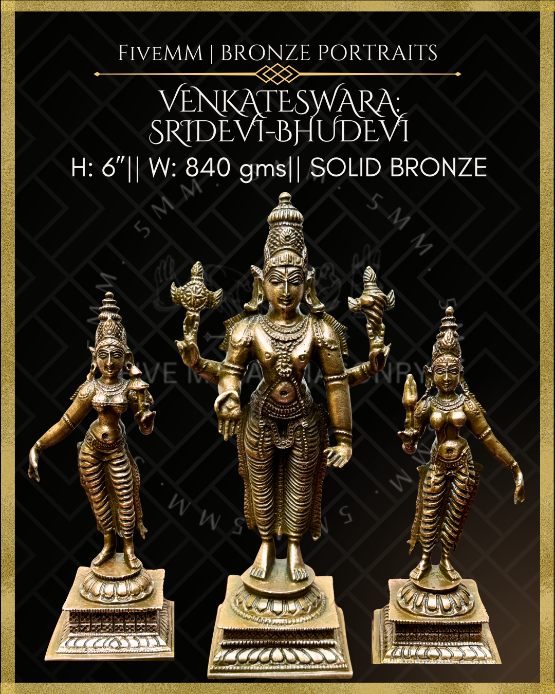 Bronze statues of Venkateswara, Sridevi, and Bhudevi on a black background - product details