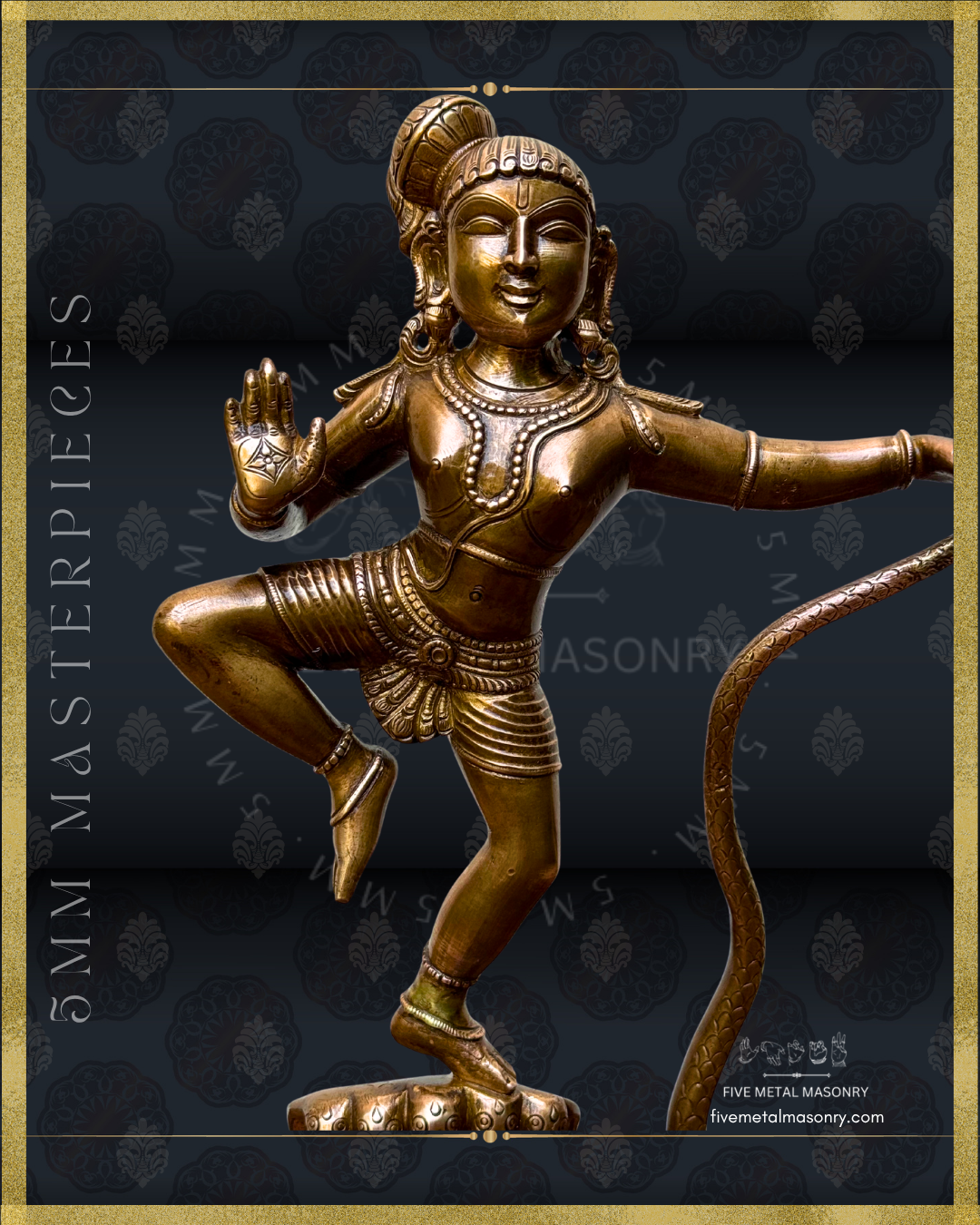 Close-up of handcrafted Panchaloha bronze Kaliya Tandava Krishna from our Masterpieces Collection, showing Krishna in a dynamic dancing posture with raised hand, detailed ornaments and kesa-bandha, aligned with Silpa Sastra principles and South Indian iconographic tradition.