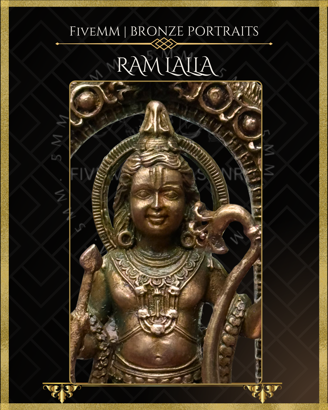Close-up view of a handcrafted Panchaloha bronze icon of Ram lalla , highlighting the serene smiling face, knotted jata, bow and arrow, intricate jewellery in  classical Indian bronze craftsmanship