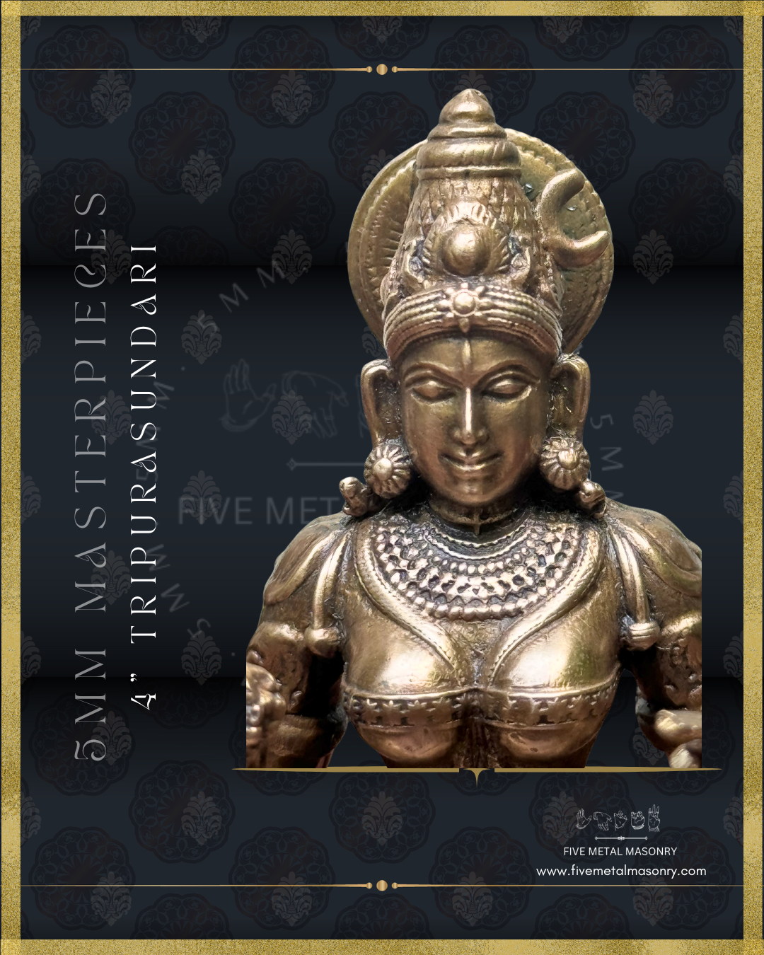 Close-up view of panchaloha bronze seated Lalitha Tripurasundari icon from the Masterpieces collection showing mukha, kirita makuta with crescent motif, siraschakra and layered neck ornamentation in South Indian iconographic style.