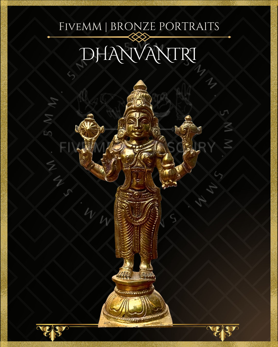 Low angle front view of Handcrafted Dhanvantari Panchaloha bronze statue in standing samabhanga posture, with four arms holding chakra, sankha, jalauka and amrta-kalasa, detailed kiritamakuta, traditional ornaments and padma pitha, crafted in the silpa-sastra and traditional iconographic tradition.