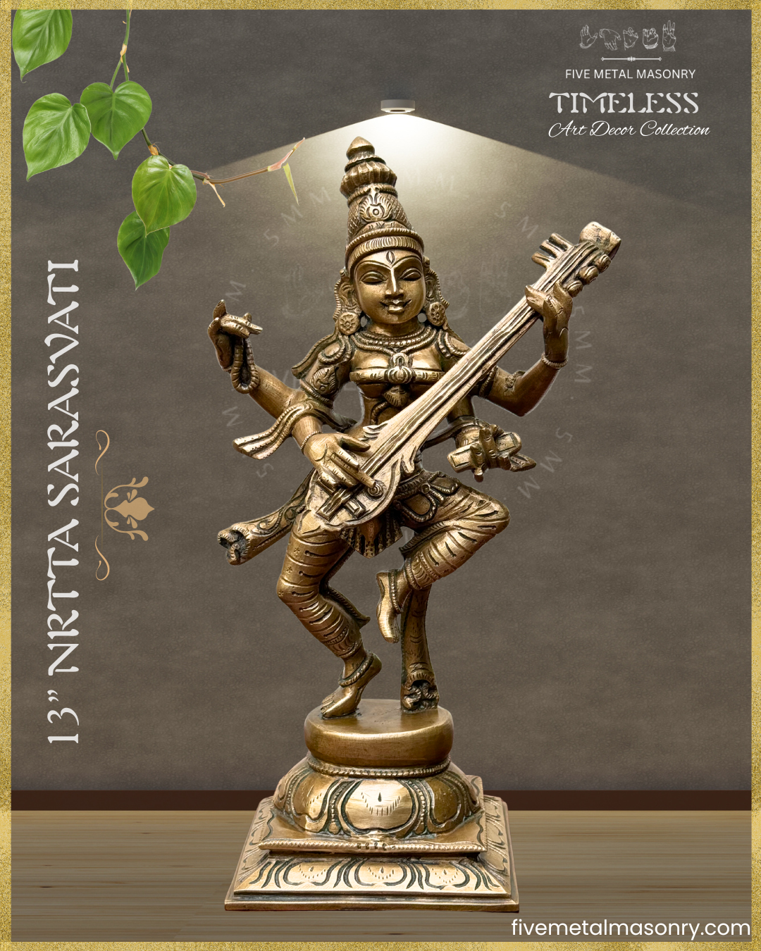 Nartana Saraswati Bronze Panchaloha statue - Timeless Collection – Shilpa Sastra iconography, handcrafted lost wax casting – Front view