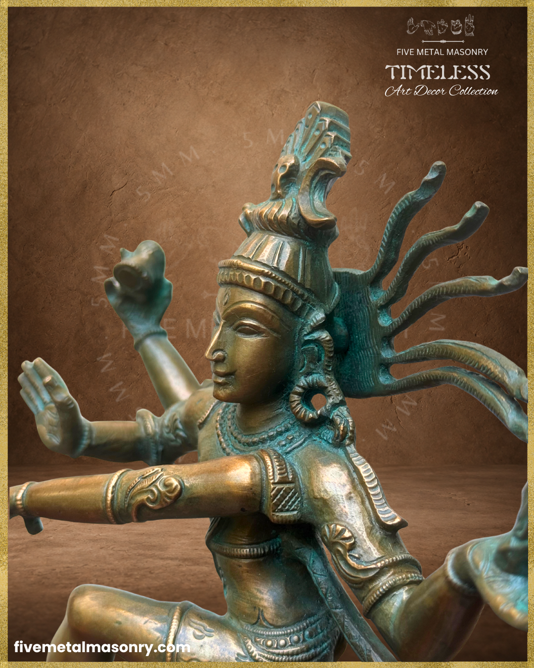 Close-up left three-quarter view of Thiruvalangadu style Nataraja Panchaloha bronze, showing the facial features, radiating jatas, crescent moon, serpent ornament, layered jewellery and finely detailed arm ornaments.