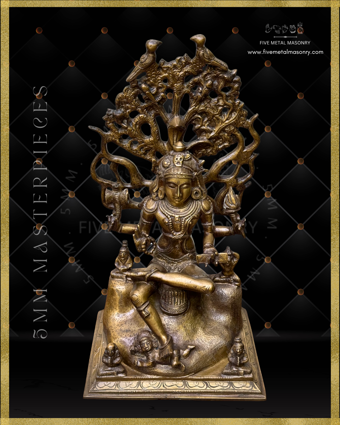 Top angle view of Handcrafted Panchaloha bronze Dakshinamurti statue, crafted according to Shilpasastra principles, featuring traditional South Indian iconography of Shiva as the divine teacher seated beneath the banyan tree with sages and Apasmara.