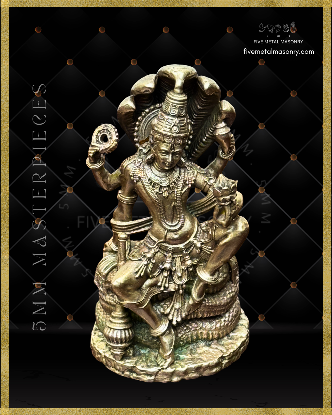 Top angle view of Vaikunta Narayana panchaloha bronze icon seated on Adisesha with multi-hooded serpent canopy, four-armed Vishnu with shankha and chakra, Masterpieces collection
