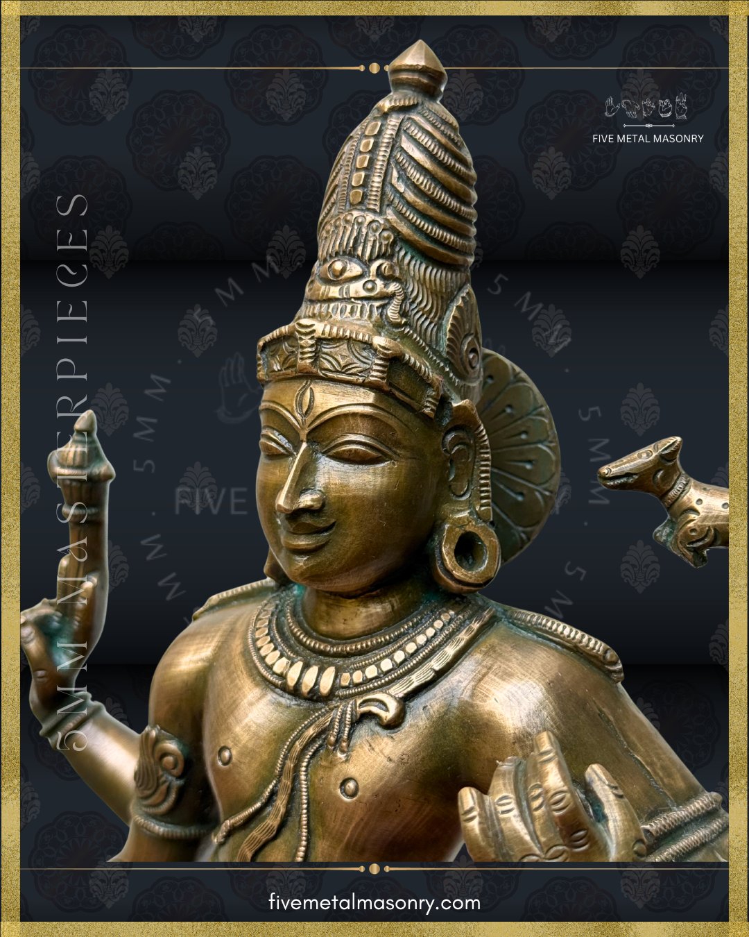 Close-up of Vinadhara Shiva handcrafted Panchaloha bronze sculpture featuring a serene three-quarter profile, tall jata makuta with trinetra motif, circular sirascakra, patra kundala, layered necklaces, and upper hands bearing parashu and mrga, from the Masterpieces collection inspired by South Indian Chola iconographic traditions.
