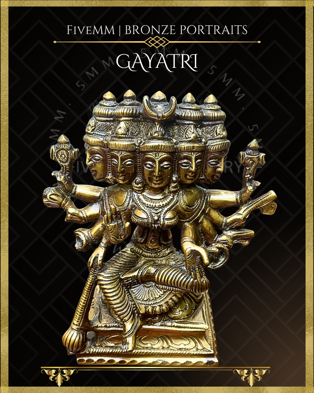 Top angle view of Handcrafted Panchaloha bronze of five-headed, ten-armed Gayatri Devi seated in lalitasana on a padma pitha, holding multiple ayudhas and attributes, following silpa-sastra and traditional iconographic tradition.