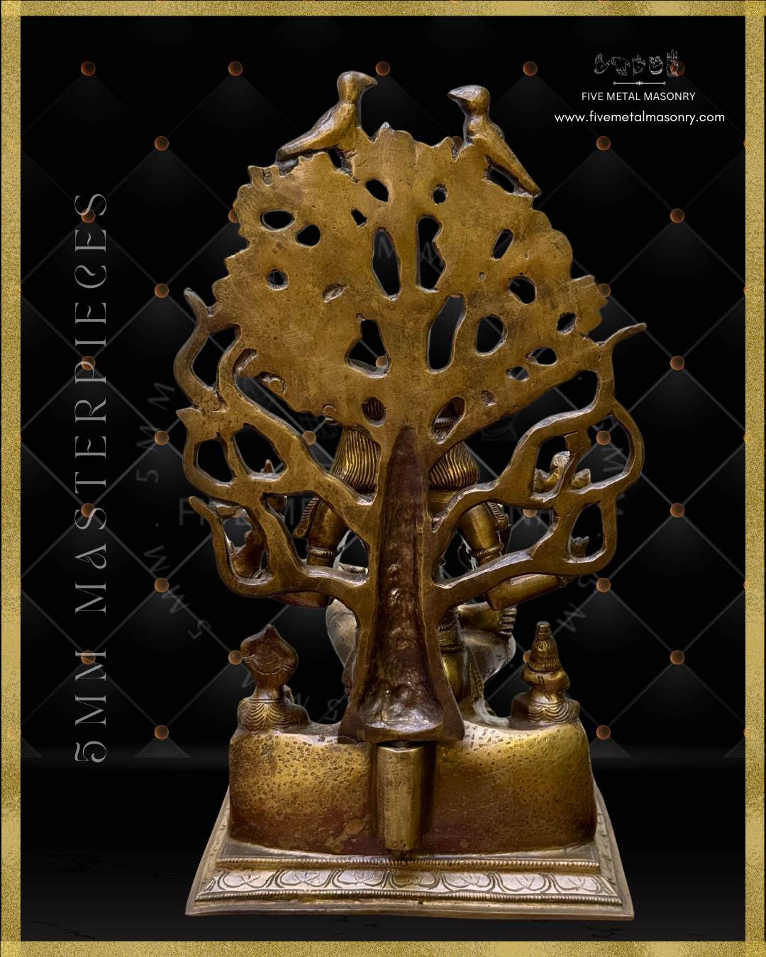 Rear view of Handcrafted Panchaloha bronze Dakshinamurti statue, crafted according to Shilpasastra principles, featuring traditional South Indian iconography of Shiva as the divine teacher seated beneath the banyan tree with sages and Apasmara.