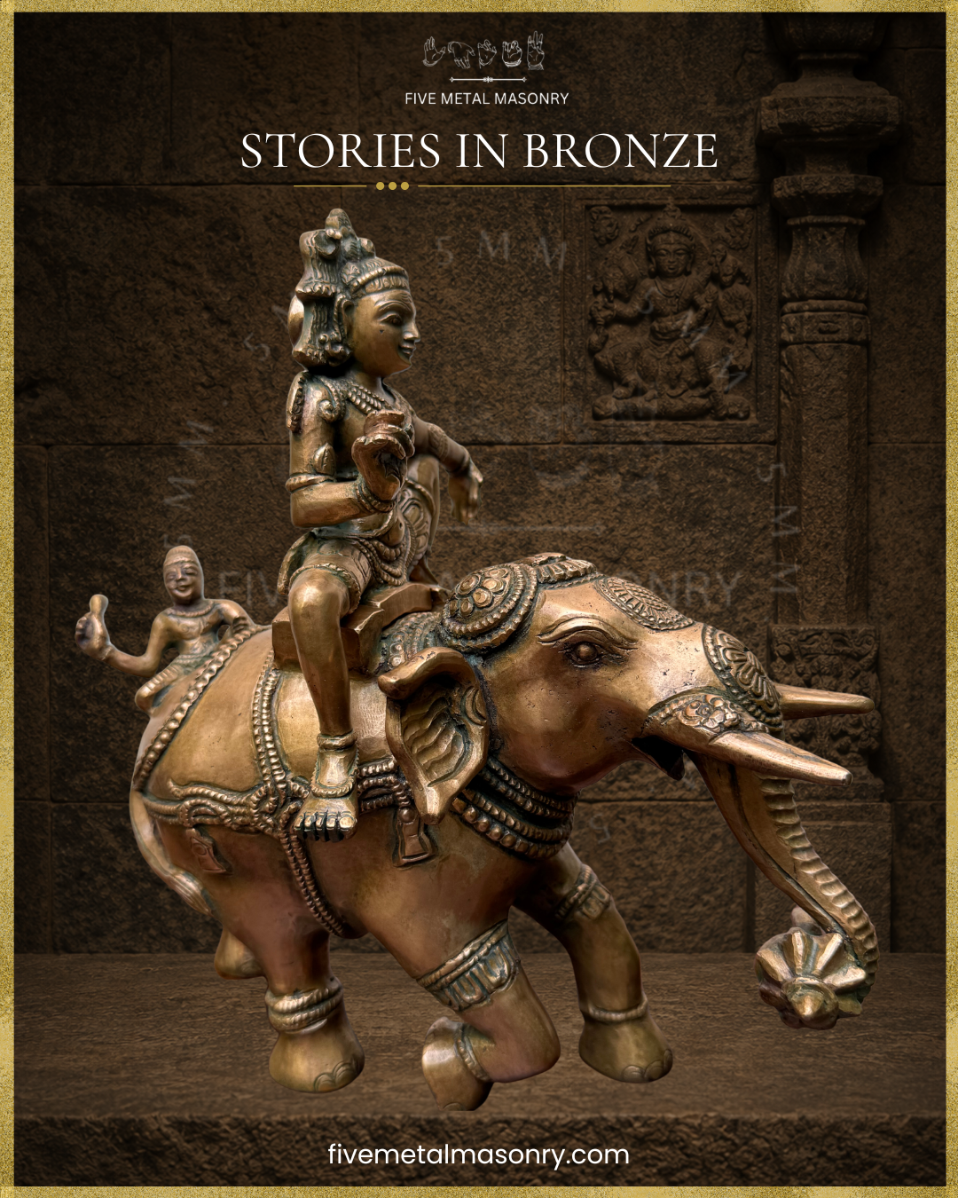 Front side view of handcrafted Panchaloha bronze Ayyanar Ula, depicting Ayyanar seated in utkutikasana on an ornamented elephant, with the mahout clearly visible behind and a cluster of bananas held in the elephant’s trunk, from the Stories in Bronze Collection, aligned with silpa-sastra and South Indian iconographic tradition.